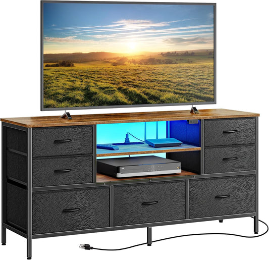 Huuger TV Stand Dresser with Power Outlets and LED Lights, 7 Drawers, 47 Inch Console, Rustic Brown and Black