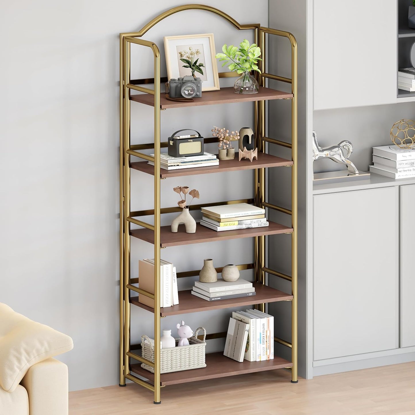 No-Assembly Gold Folding Bookshelf Storage Shelves 5 Tiers Vintage Multifunctional Plant Flower Stand Storage Rack Shelves Bookcase for Home Office