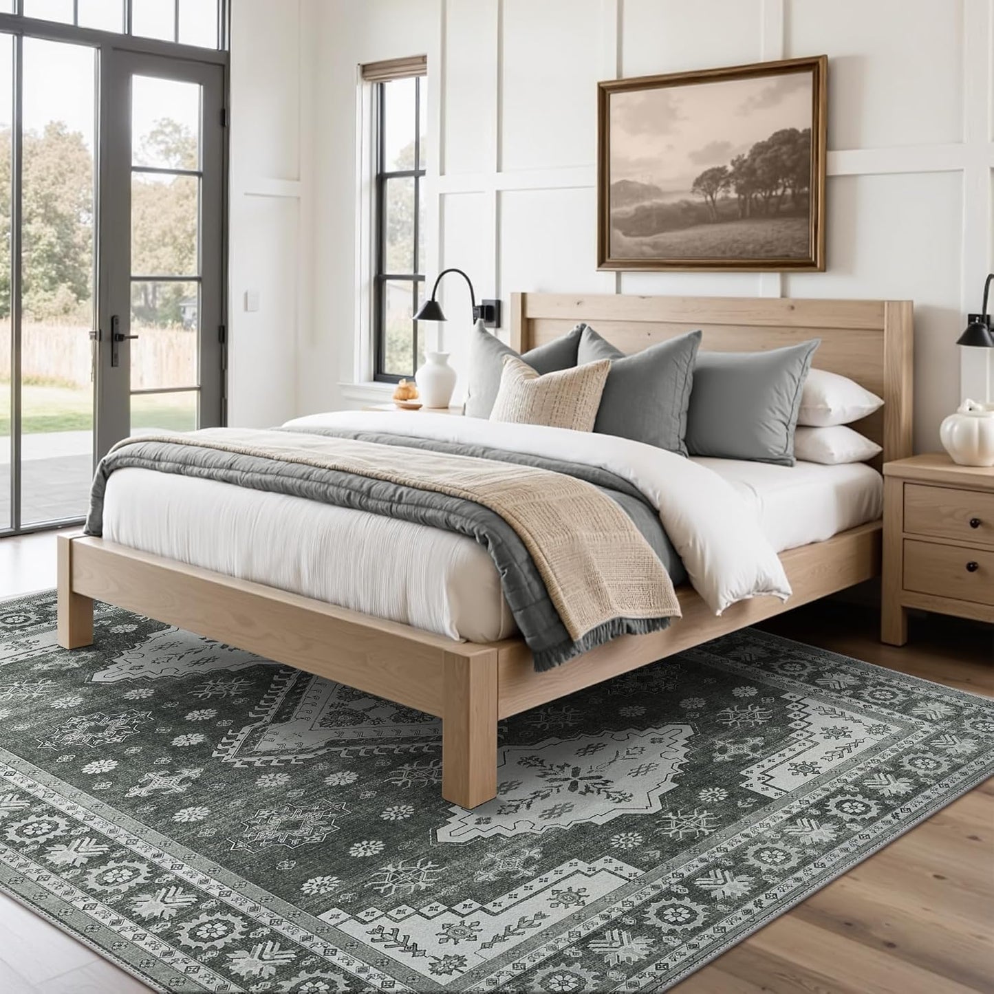 GENIMO Washable Rug 8X10 Area Rugs for Living Room Bedroom, Machine Washable Area Rug, Print Vintage Tribal Aesthetic Carpet, Low Pile Mat with Non Slip Rubber Backing, Distressed Charcoal