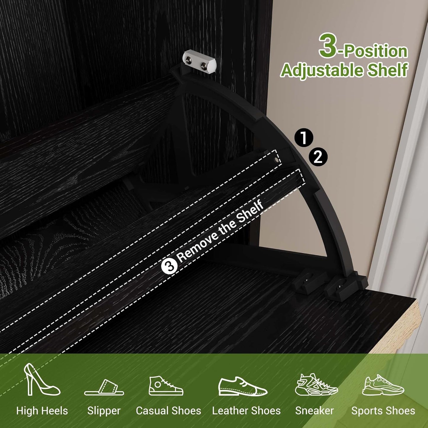 GarveeHome Shoe Cabinet with 3 Flip Doors & 1 Drawer, Entrance Wooden Shoe Rack with Iron Legs, Slim Shoe Storage Cabinet, Modern Fluted Shoe Organizer for Entryway Hallway, Black+Oak