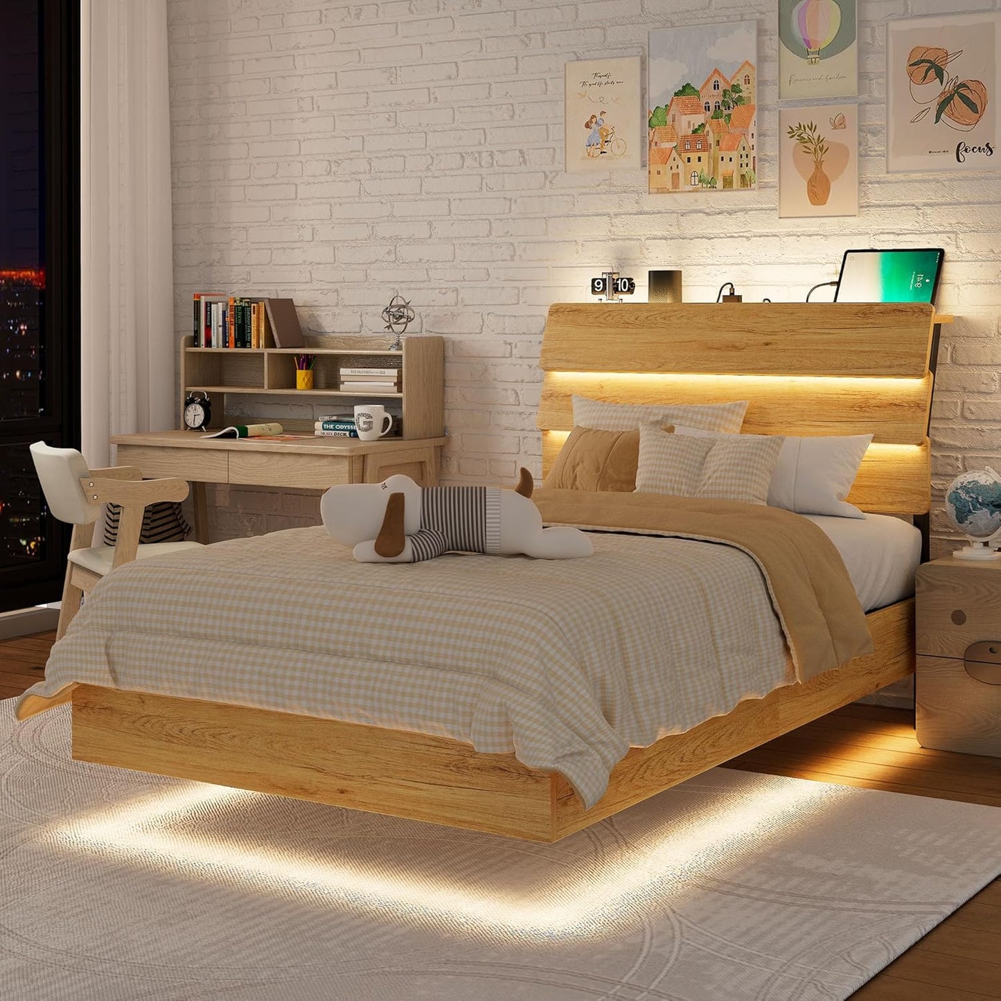 Feonase Floating Bed Frame Twin with Led Lights and Charging Station, Wood Full Size Bed Frame with Storage Headboard, Heavy Duty Metal Slats, No Box Spring Needed, Easy Assembly,Oak