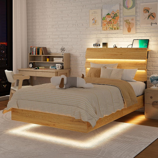 Feonase Floating Bed Frame Twin with Led Lights and Charging Station, Wood Full Size Bed Frame with Storage Headboard, Heavy Duty Metal Slats, No Box Spring Needed, Easy Assembly,Oak