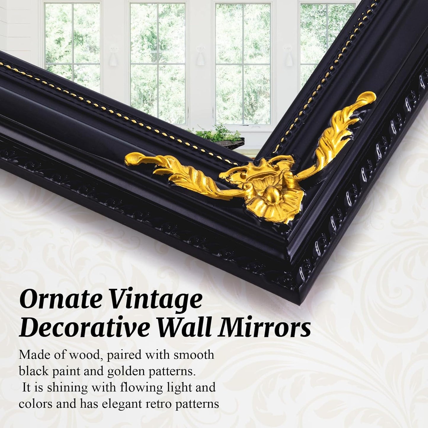 39" x 27" Large Vintage Decoration Mirror, Dark Antique Mirror Wall Decor for Living Room Fireplace, Black and Gold Victorian Wood Frame Glass Wall Decor for Bathroom
