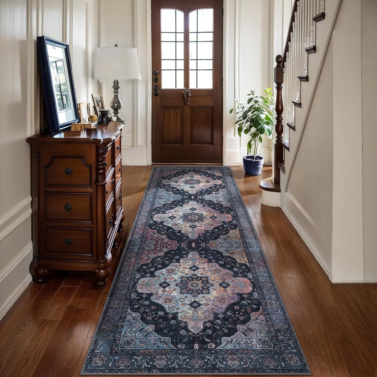 Tangsoo 2.6x8 Washable Runner Rug for Hallways, Non Slip Vintage Runner, Soft Low Pile Long Rug Runner, Print Distressed Navy Carpet Runners for Kitchen Bedroom Entryway Bathroom Living Room
