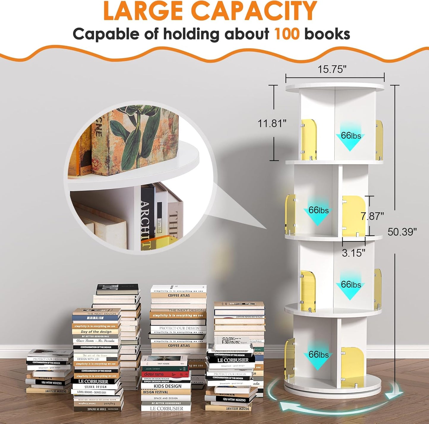 VECELO 4-Tier Rotating Bookshelf, Small Corner Bookshelf for Small Space, 360 Display Floor Standing Bookcase Storage Rack, Wood Narrow Book Shelf Organizer for Bedroom, Living Room, White