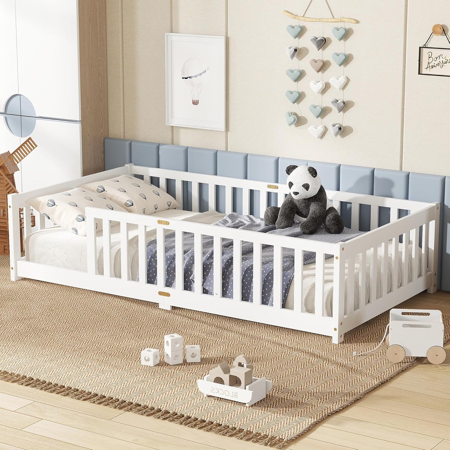 Bellemave Twin Floor Bed with Slats and Safety Guardrails, Kids Montessori Floor Beds with Fence and Without Door, Easy Assemble Floor Bed for Kids, Girls, Boys, White