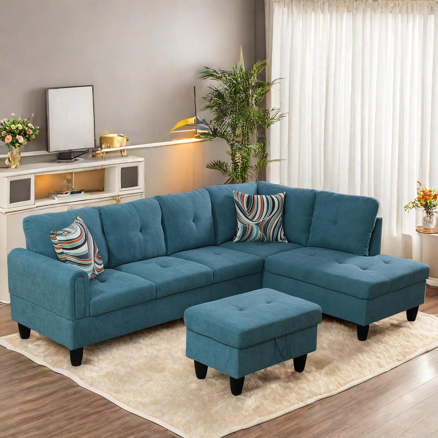 L Shaped Sectional Sofa with Ottoman, Modern Couches for Living Room, Microfiber Facing, Bedroom, Office