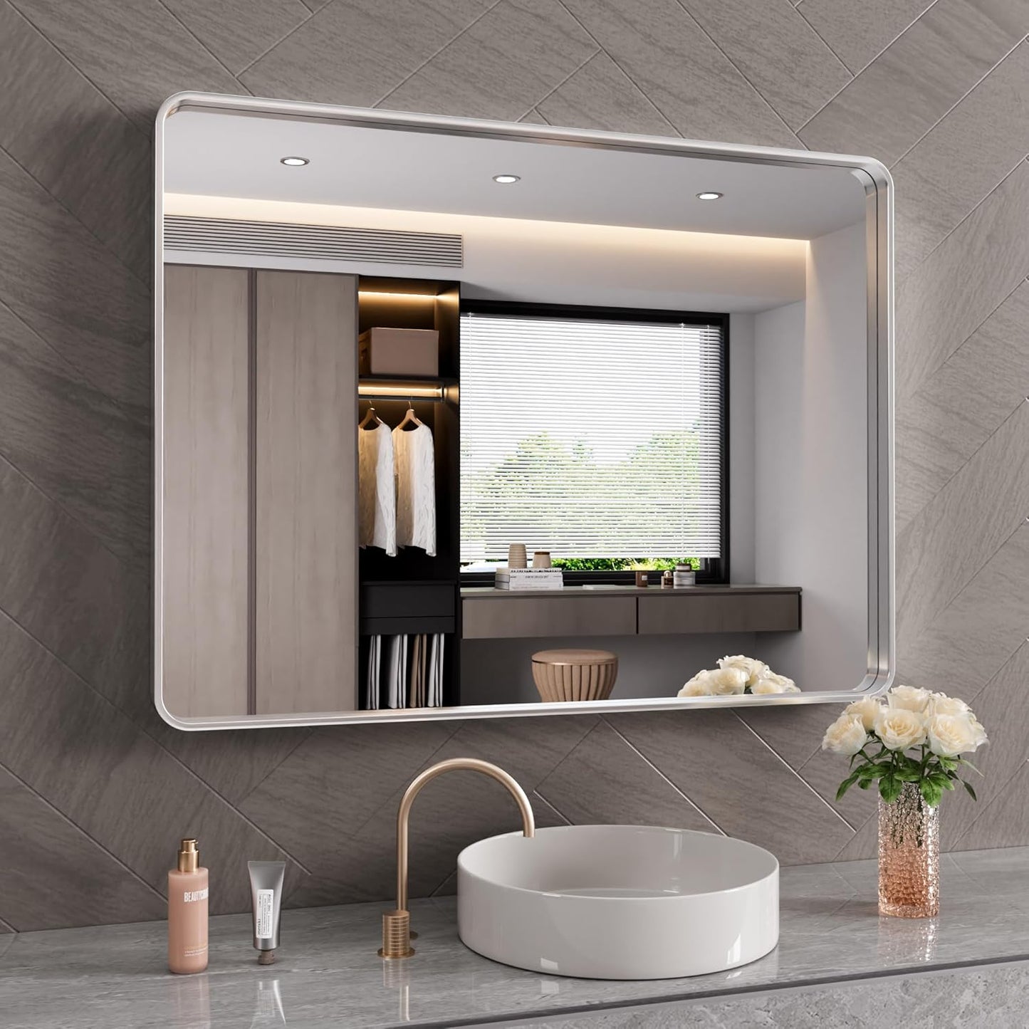 Brushed Nickel Bathroom Mirror 40x30 Inch, Brushed Silver Metal Frame Mirror Wall Mounted, Rounded Rectangle Bathroom Vanity Mirror, Tempered Glass, Anti-Rust, Horizontal/Vertical