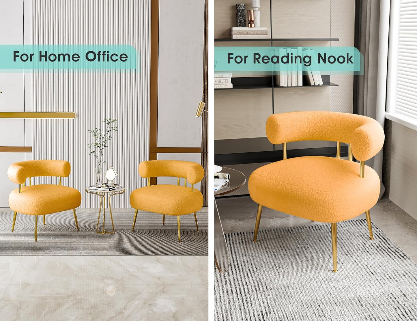 Mid Century Sherpa Boucle Accent Chair, Round Upholstered Barrel Arm Chair for Small Spaces, Fluffy Side Corner Sofa Chair for Living Room, Bedroom, Vanity, Office, Reading Nook(Yellow)