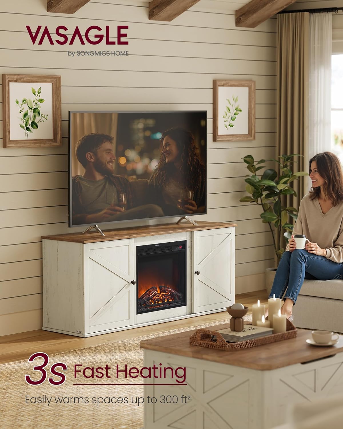 VASAGLE Fireplace TV Stand for TVs up to 65 Inches, 18-Inch ELectric Fireplace with Remote, Farmhouse Entertainment Center, Media Console Table for Living Room, Rustic White and Honey Brown ULTV540W01