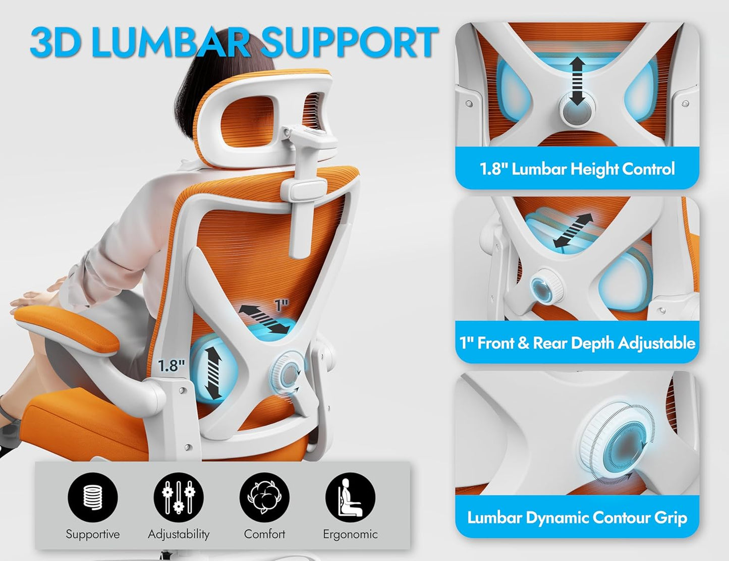 Ergonomic Office Chair - X-Shaped Computer Desk Chair Comfy, Gaming Chair, Office Chair with Lumbar Support, Mesh Office Chairs with Headrests, Desk Chair for Long Hours(White-Orange)