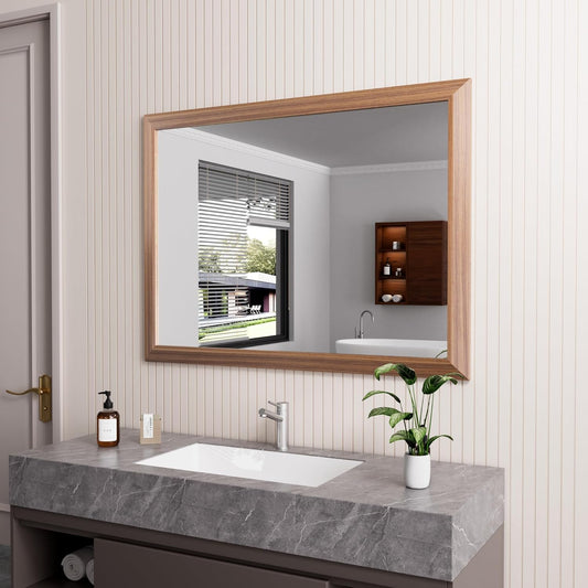 Amorho Bathroom Mirror, 40 X30 Inch Wall Mirror, Walnut Wood Grain Metal Framed, Anti-Rust, Hang Horizontally/Vertically, Suitable for Bedroom, Farmhouse, Bathroom, Decorative