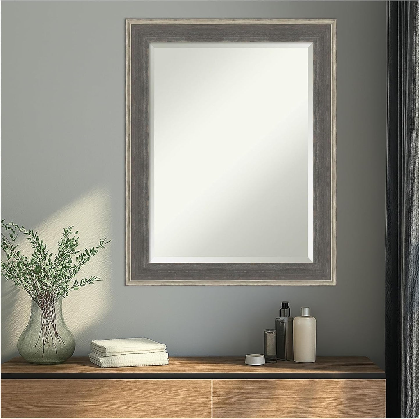 Amanti Art Grey Wall Mirror 29x23 Cottage Grey Silver Rectangle Bathroom Mirror for Wall Decor Living Room, Medium Casual Wood Frame, Hangs Horizonally and Vertically, Bathroom Decor, Beveled Edge