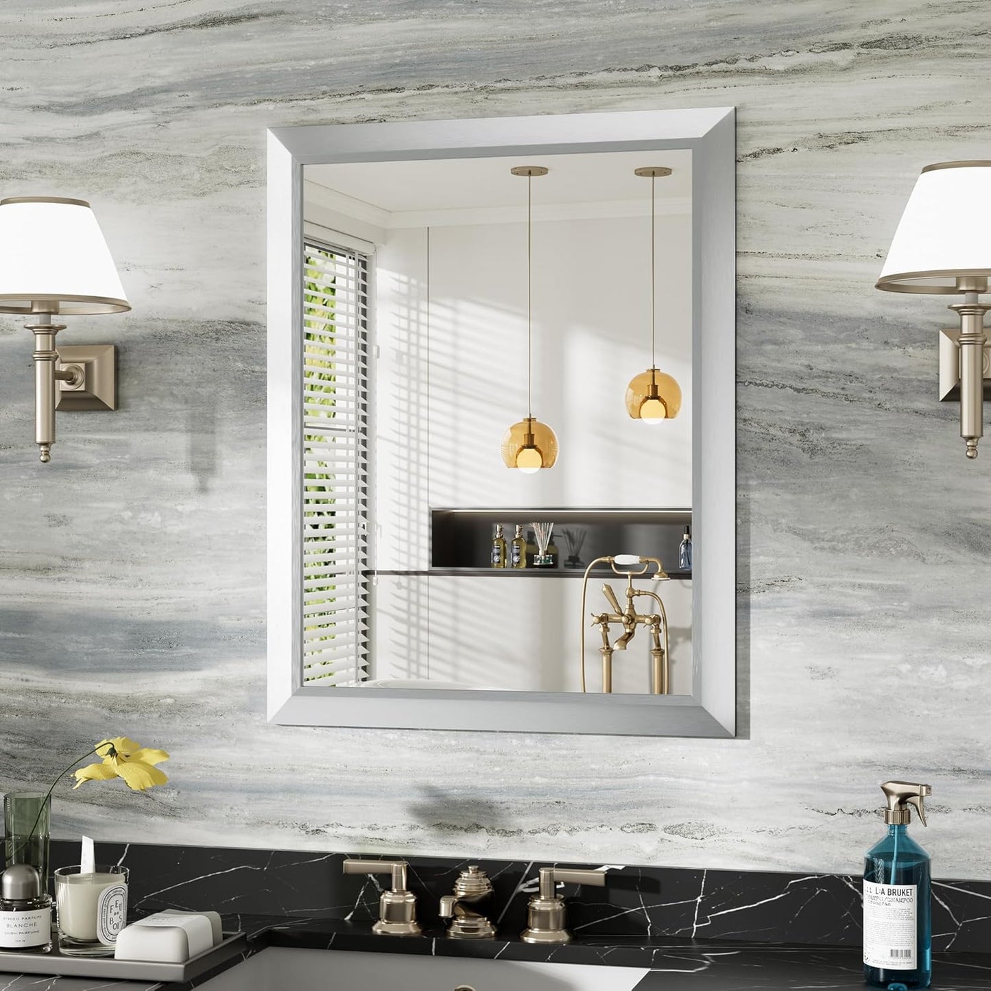 24x30 Inch Silver Bathroom Mirror for Wall, Thick Metal Framed Rectangle Mirrors for Over Sink, Bedroom, Living Room, Entryway, Anti-Rust, HD Tempered Glass