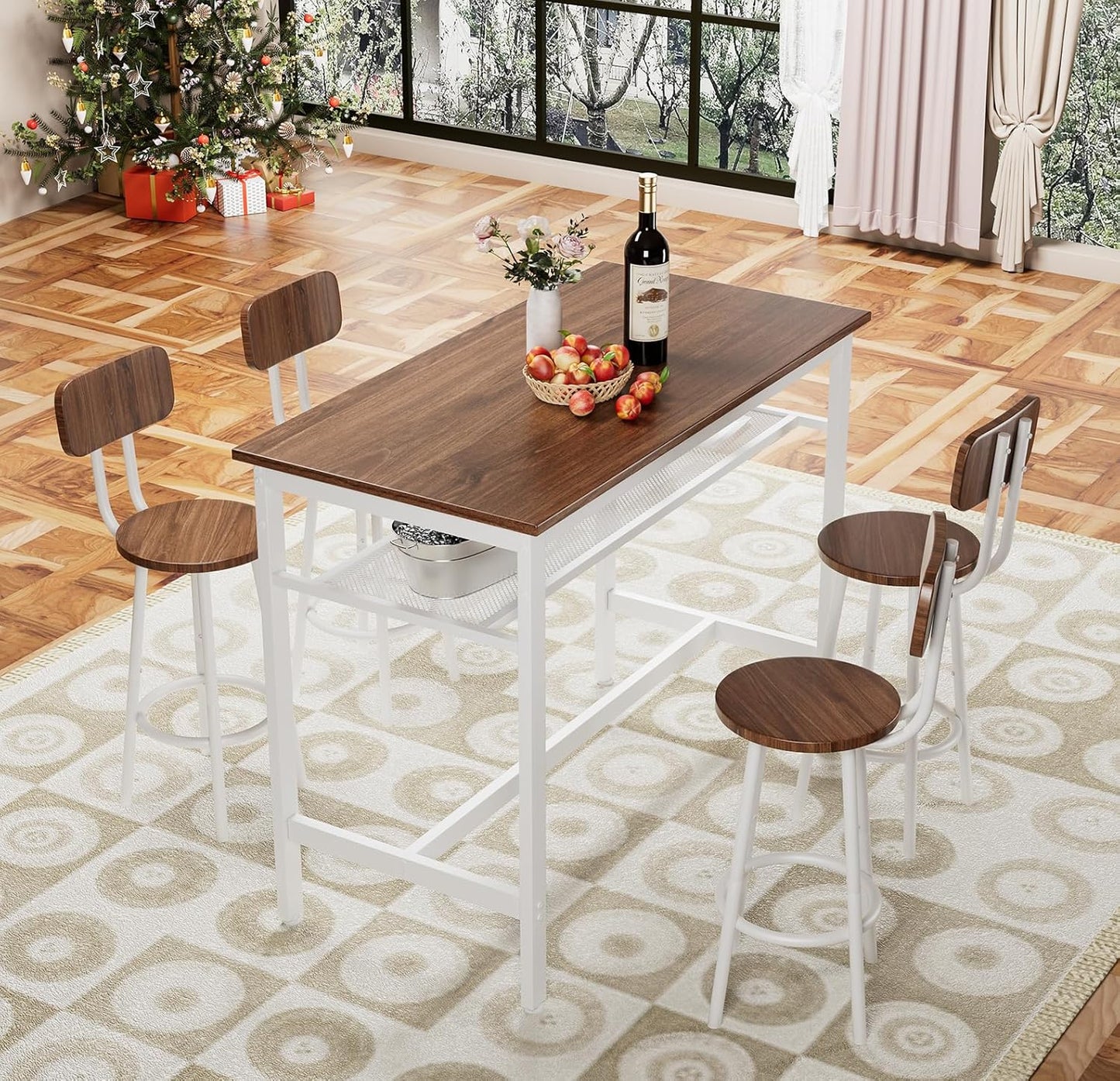 5-Piece Bar Table and Chairs Set, 43.3'' Pub Table Set Modern Small Table and Chairs Set of 4 for Breakfast Nook Living Room Small Space Restaurant, Wooden