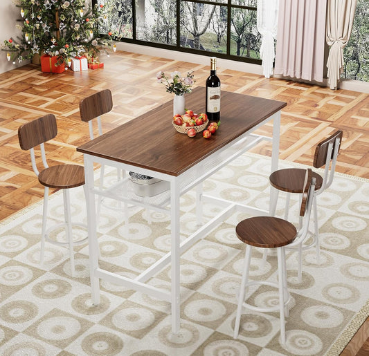 5-Piece Bar Table and Chairs Set, 43.3'' Pub Table Set Modern Small Table and Chairs Set of 4 for Breakfast Nook Living Room Small Space Restaurant, Wooden