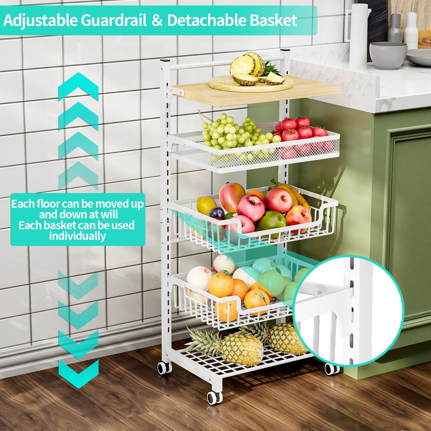 HapiRm Fruit Basket Kitchen Cart - 5 Tier Adjustable Vegetable Storage Rack, Large Capacity Rolling Kitchen Carts on Wheels for Snack Onion and Potato Storage