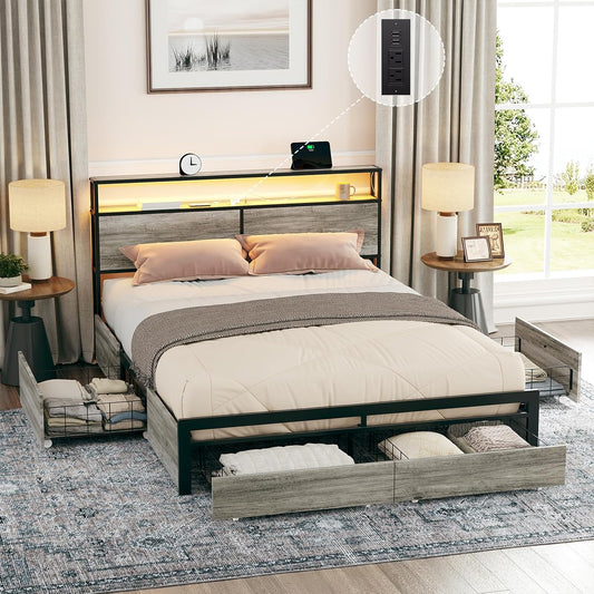 Queen Size Bed Frame with Storage Headboard and 4 Drawers LED Lighting Sturdy Metal Slat Support Non-Slip Noise-Free Platform No Box Spring Needed Greige