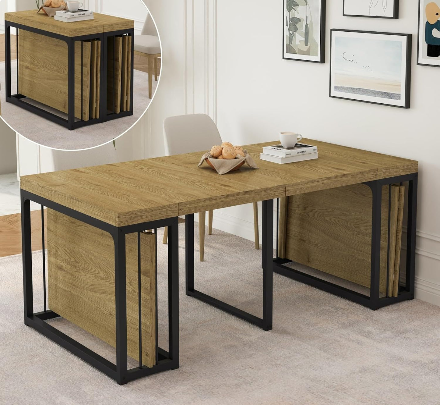 KEIKI 23.62" - 118" L Extendable Foldable Dining Room Table for 2-10 People, Wood Modern Rustic Rectangle Expandable Kitchen Living Meeting Room Furniture, 5 Tabletop Length Options