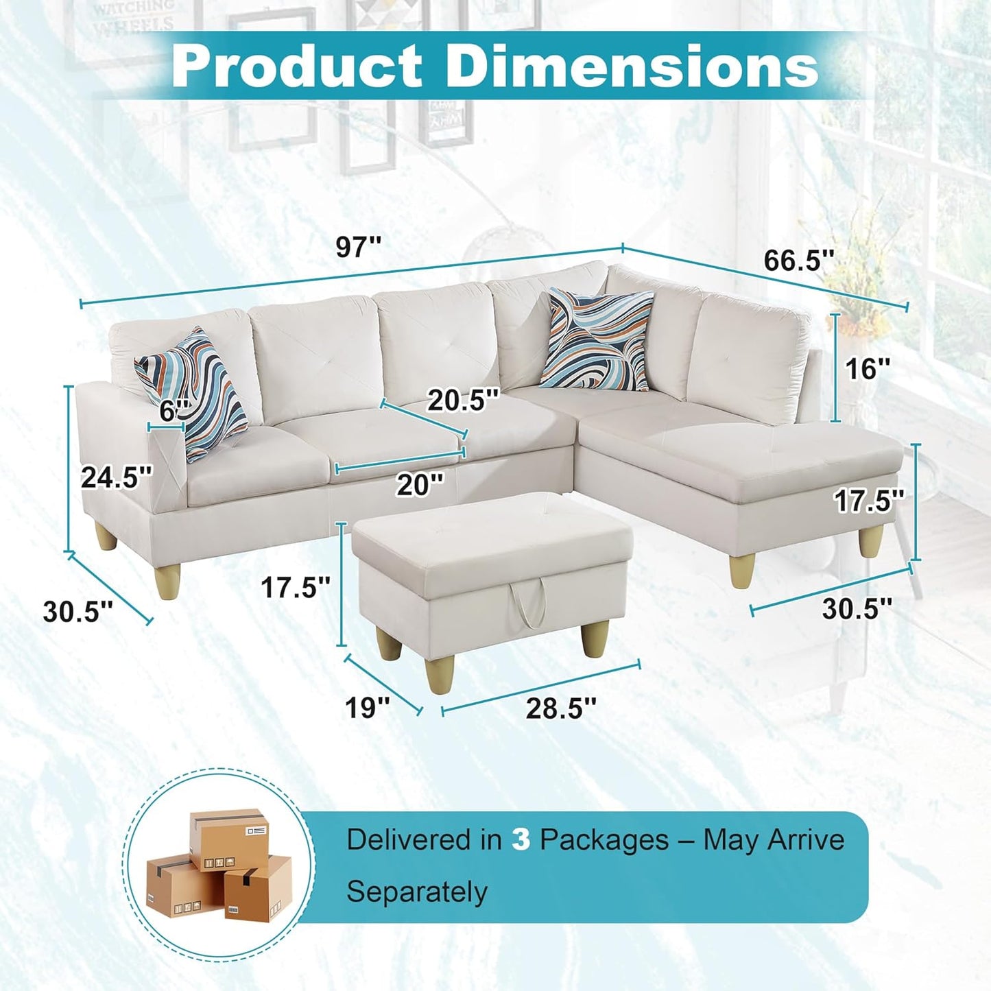 97" Oversized Sectional Couch, L Shaped Couch with Storage Ottoman, Modern Modular Sofa with Deep Seat, Sectional Couches for Living Room and Office, White (Flannel)