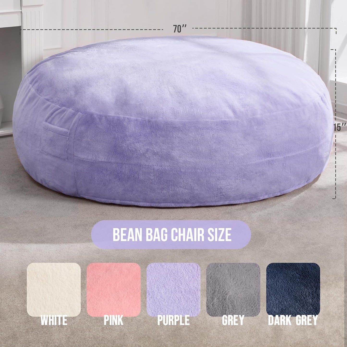 Hobestluk 6ft Bean Bag Chairs for Adults Large Beanbag Chair with Plush Faux Fur Cover Big Bean Bag Chair for Living Room Bedroom Dorm Office - Purple (70" x 70" x 15")