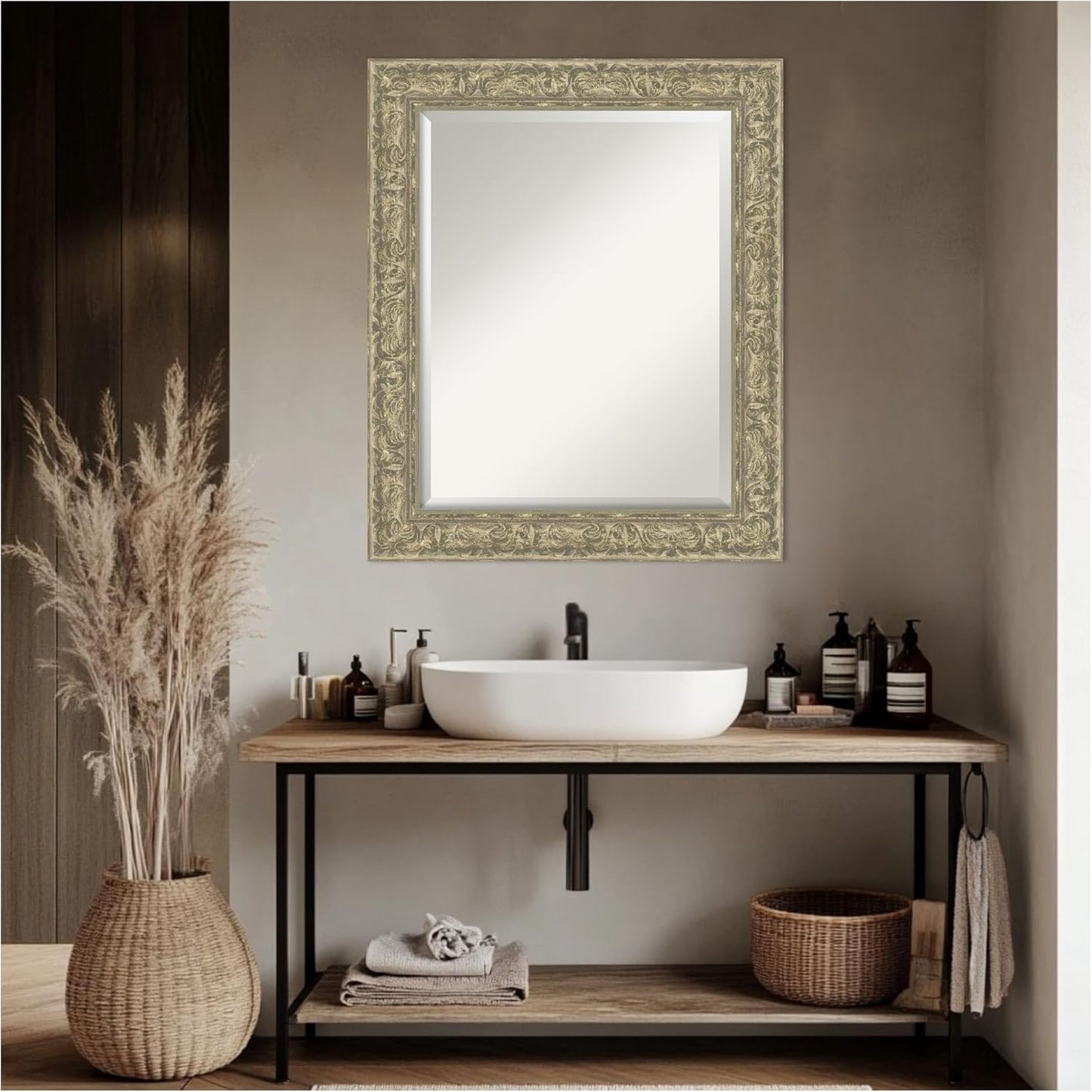Amanti Art Silver Bathroom Mirror for Over Sink, 29x35 Luxe Antique Silver Rectangle Vanity Mirror, Large Traditional Frame, Hangs Horizonally and Vertically, Bathroom Wall Decor, Beveled Edge