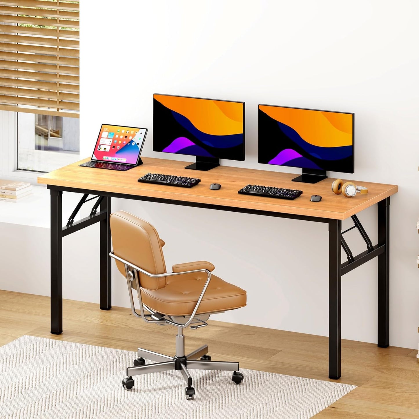 DlandHome Computer Desk 62 inches Office Desk Computer Table Study Writing Desk Workstation for Home Office Metal Frame Teak and Black