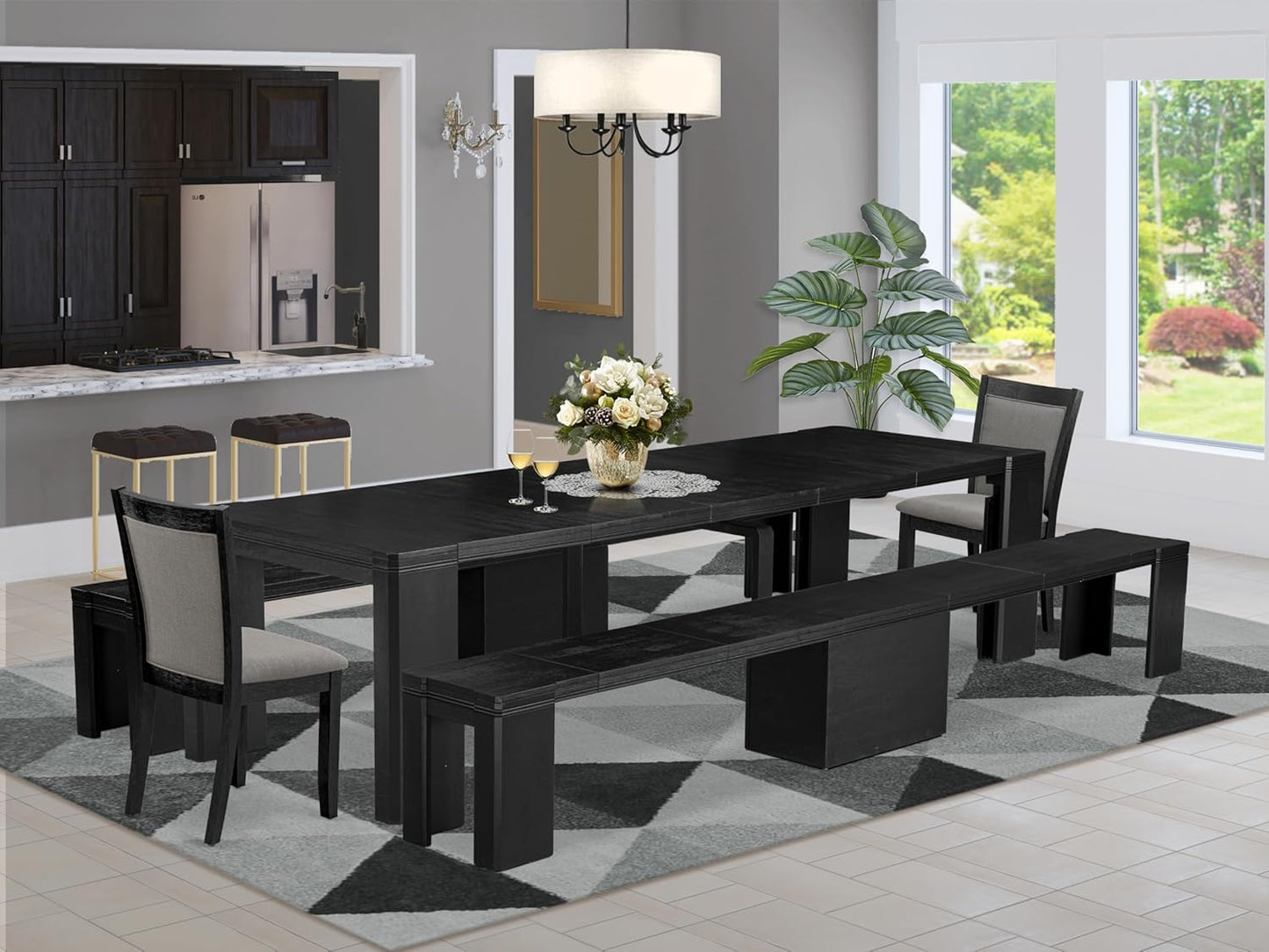 X02MZ-206-50 - 5-pc Dining Room Table Set a Rectangular Kitchen Table and 2 wooden Benches and 2 Dark Gotham Grey Linen Fabric Chairs, 39x120 Inch, Wire Brushed Black