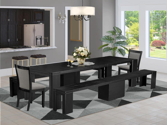 X02MZ-206-50 - 5-pc Dining Room Table Set a Rectangular Kitchen Table and 2 wooden Benches and 2 Dark Gotham Grey Linen Fabric Chairs, 39x120 Inch, Wire Brushed Black