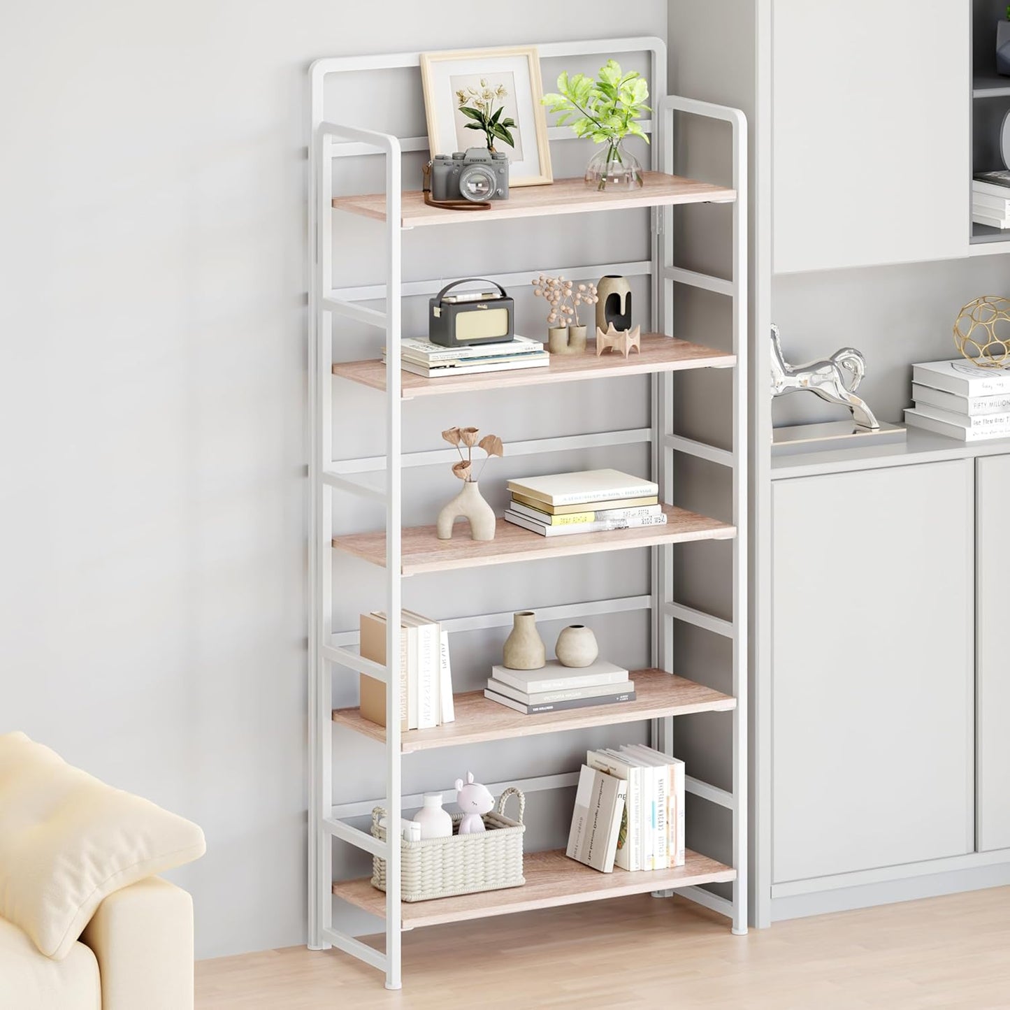 No Assembly Folding Bookshelf, 5 Tiers Collapsible Book Shelf for Home Office, Vintage Wood Foldable Bookcase Storage Organizer for Living Room Bedroom (Beige)