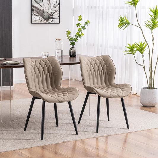 YOUNIKE Dining Chairs Set of 2, Upholstered Leather Kitchen Dining Room Chairs, Modern Living Room Chairs with Wide Curved Back and Metal Legs, Khaki Taupe