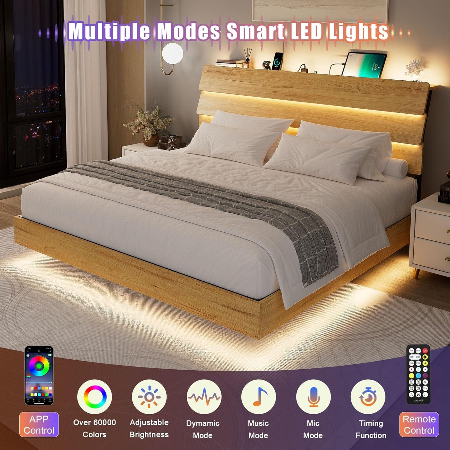 Feonase Floating Bed Frame King with Led Lights and Charging Station, Wood Full Size Bed Frame with Storage Headboard, Heavy Duty Metal Slats, No Box Spring Needed, Easy Assembly,Oak