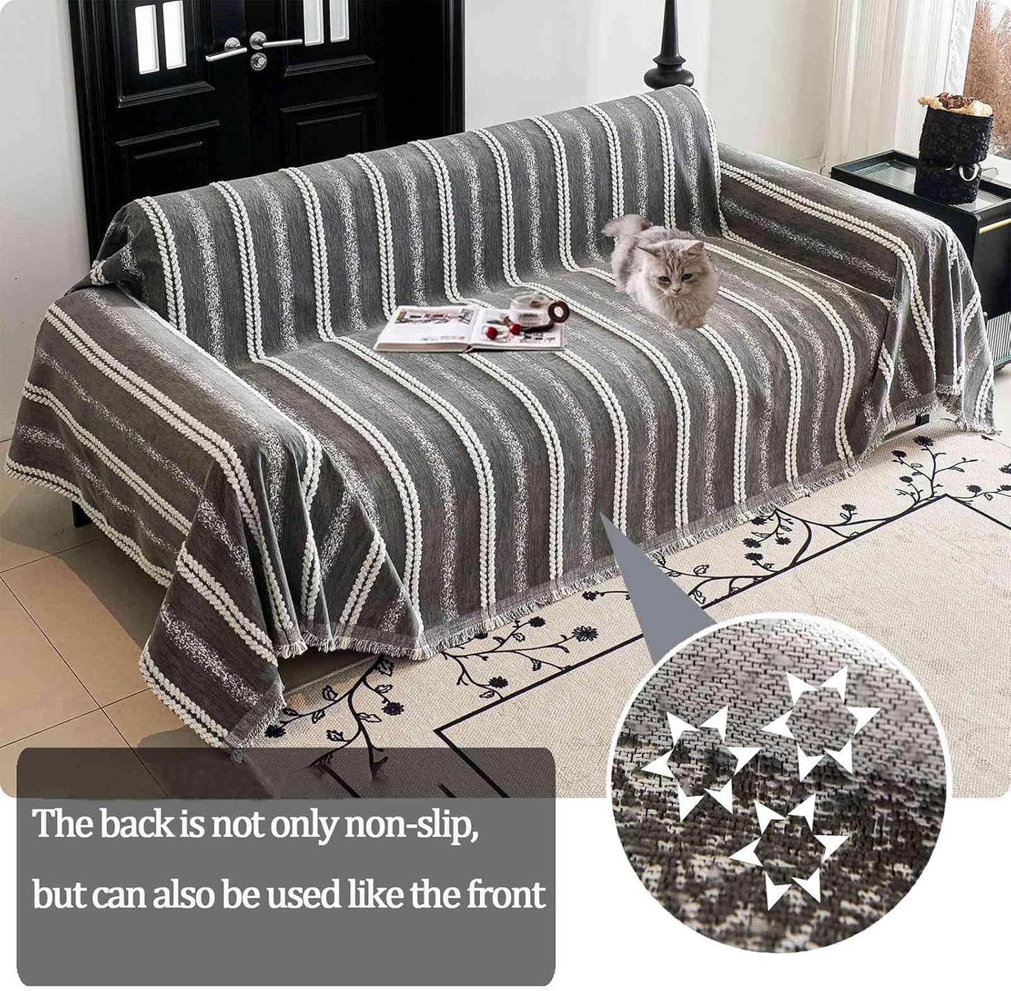 Couch Cover for Dogs Washable Sofa Cover, Sectional Couch Covers, Sofa Covers for 2 Cushion Couch, Non Slip Stripe Sofa Slipcovers Furniture Protector, Couch Protector from Cat Claws, Grey,71''x134''
