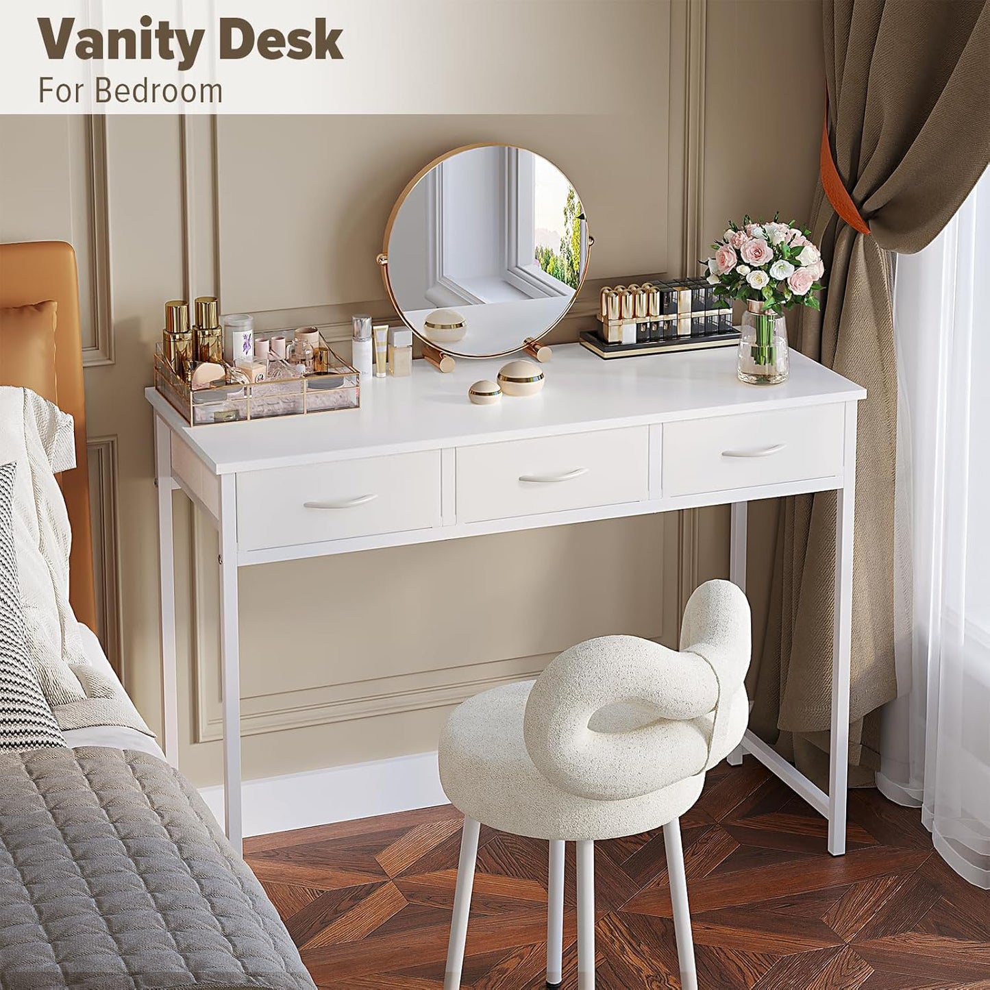 WOHOMO Small Computer Desk with Drawers, 39.3 Inch Vanity Desk with Storage, Home Office Computer Desk for Small Spaces, Modern Work Writing Study Table, White
