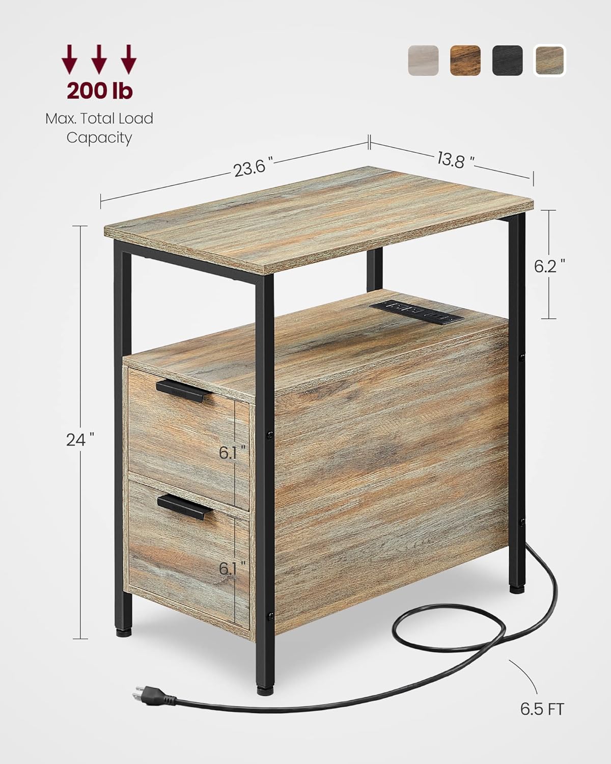 VASAGLE Side Table with Charging Station, Narrow End Table with 2 Drawers, Slim Nightstand and Bedside Table with Storage, for Small Spaces, Oak with Blue Grains and Black ULET321B60