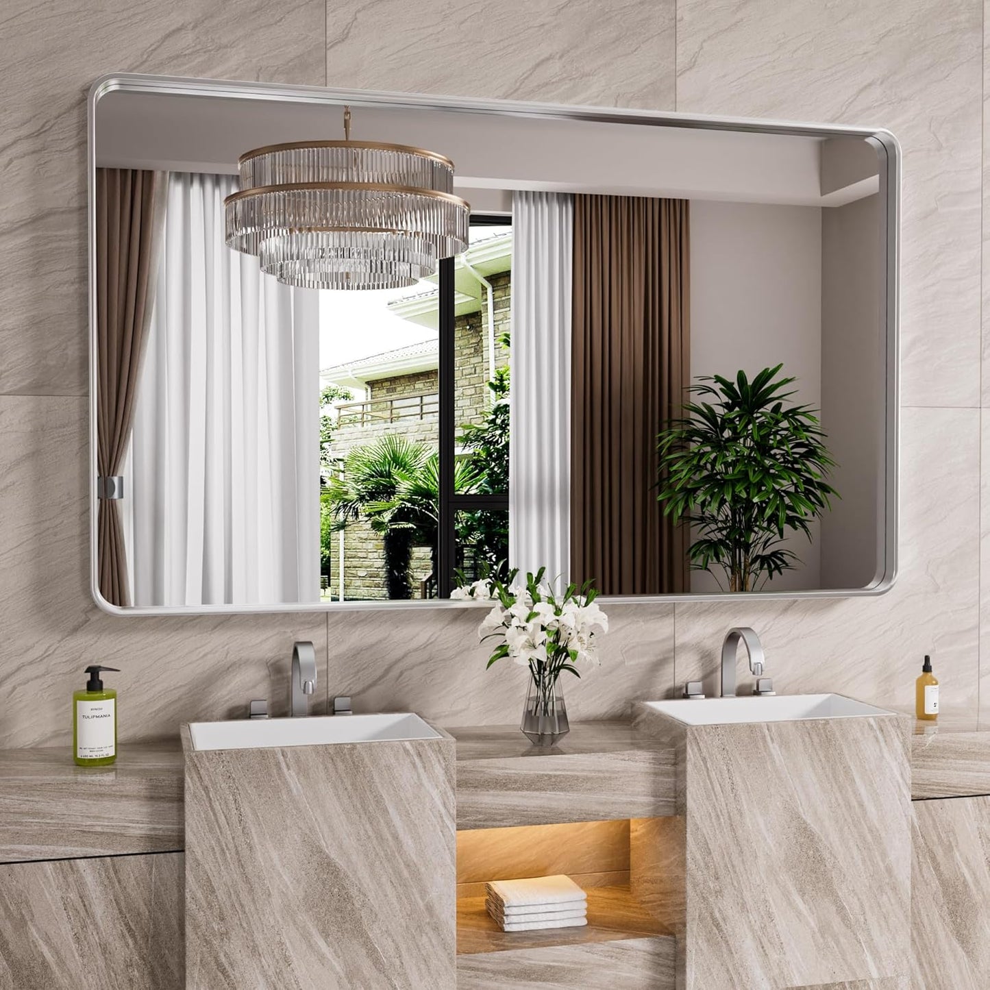 Brushed Nickel Bathroom Mirror 72x40 Inch, Brushed Silver Metal Frame Mirror Wall Mounted, Rounded Rectangle Bathroom Vanity Mirror, Tempered Glass, Anti-Rust, Horizontal/Vertical