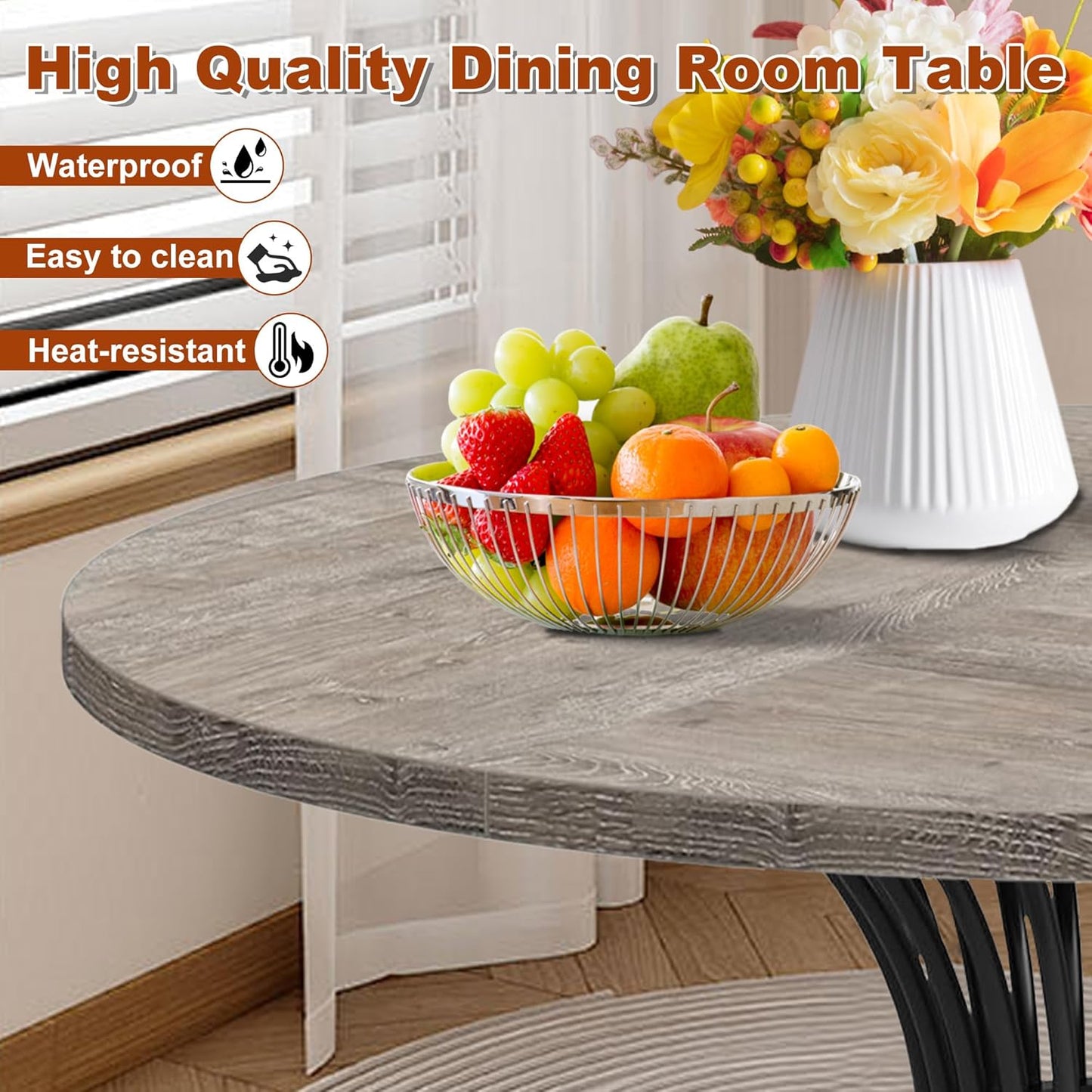 Round Dining Table for 4, 47-Inch Farmhouse Dinner Table Wooden Circle Kitchen Tables with Metal Base for Dining Room, Kitchen, Living Room, Grey and Black