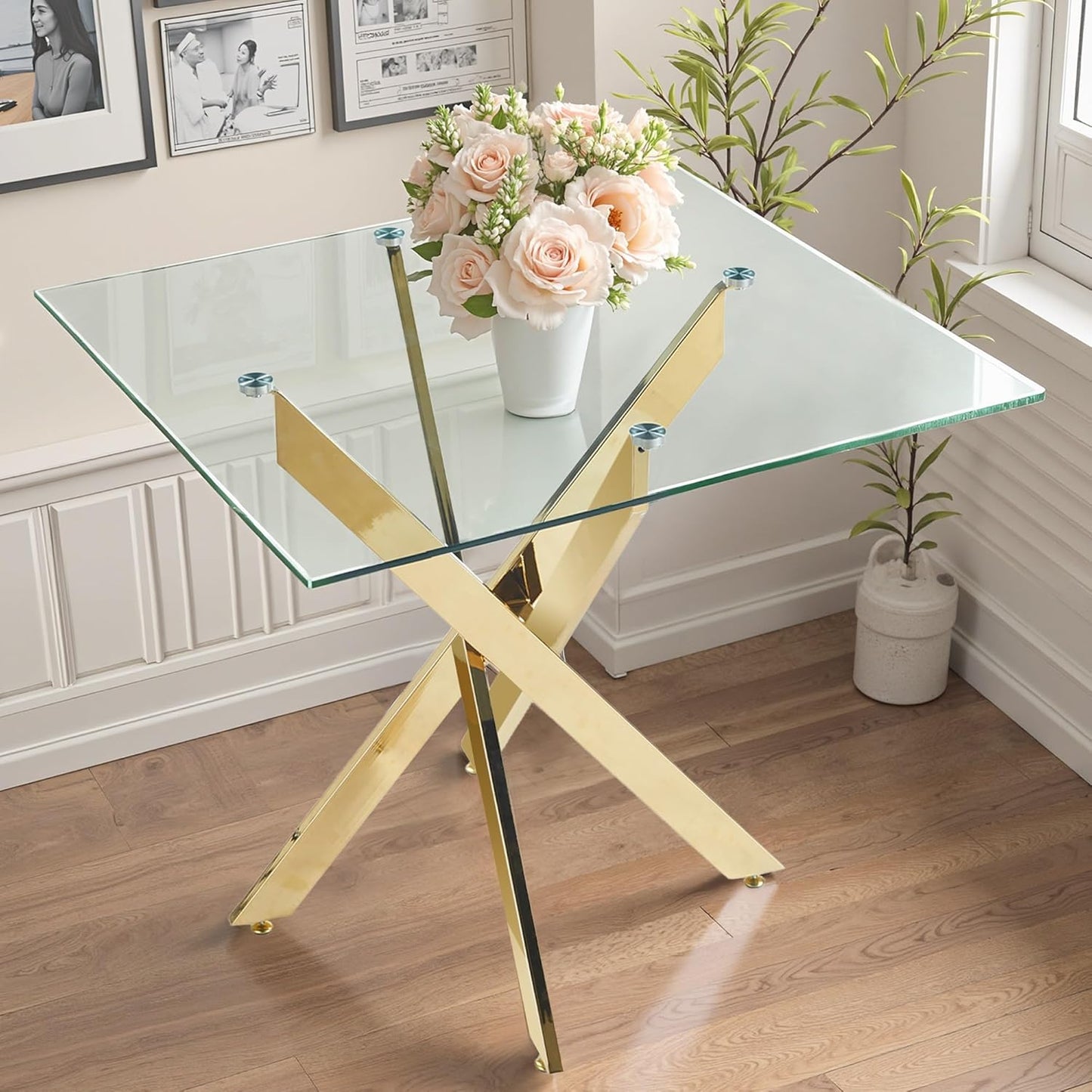 Dining Table for 4 Modern 35.43" Rectangular Glass Dining Table Kitchen & Dining Room Tables with Metal Base for Dining Room and Apartment, Golden