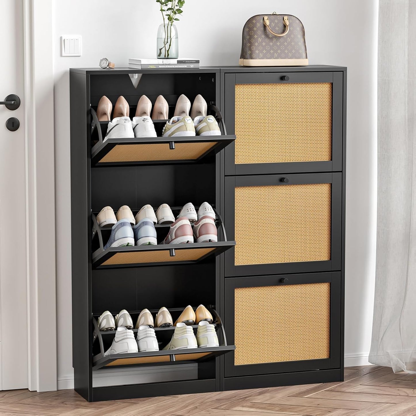 Rattan Shoe Cabinet 3-Tier, Narrow Shoe Cabinet with 3 Flip Drawers and Adjustable Shelves,Entryway Black Shoe Organizer with Removable Shelves for Hallway, Entrance