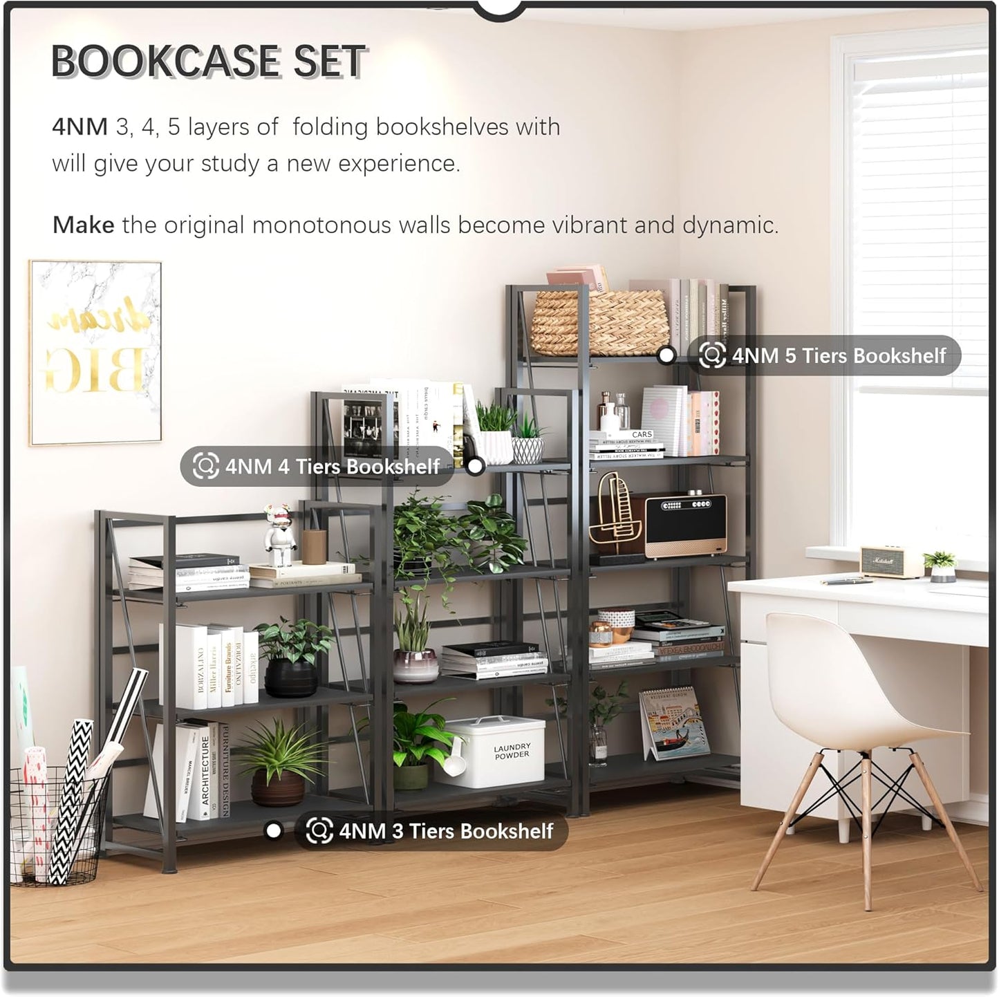 4NM No Assembly Folding Bookshelf, 5-Shelf 62.2" H Collapsible Foldable Bookcase Storage for Small Spaces, All Black