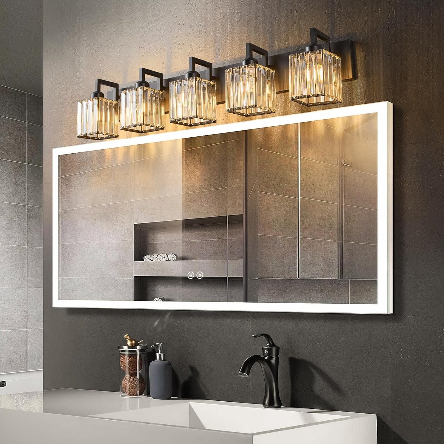 Modern Crystal Bathroom Vanity Light - 5-Lights Black Modern Crystal Wall Lamp for Bathroom Vanity Lighting