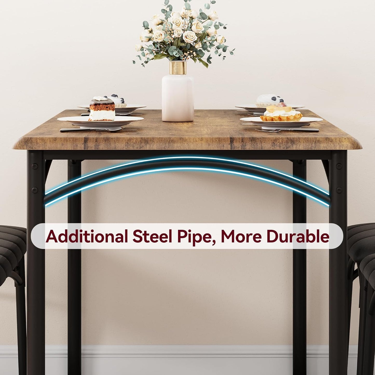 GarveeHome Dining Table Set for 2, Kitchen Table with 2 Upholstered Chairs, Wood Square Dining Table and Chairs Set for Small Space, Apartment, Dinner, Rustic Brown