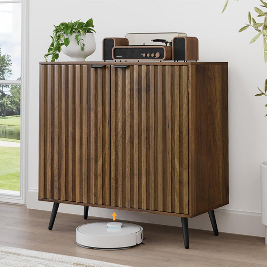 Smuxee Fluted Sideboard Cabinet, Freestanding Walnut Buffet Cabinet with Adjustable Shelf, Wood Storage Cabinet for Living Room, Entryway, Hallway