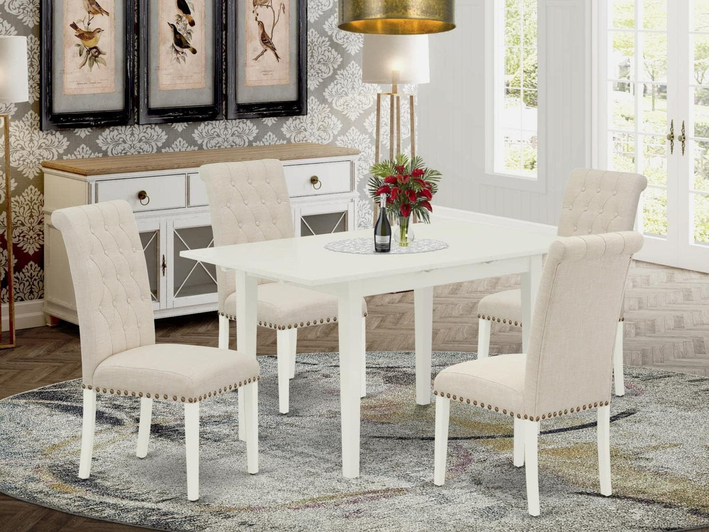 East West Furniture NOBR5-LWH-02 5 Piece Dining Table Set Includes a Rectangle Dining Room Table with Butterfly Leaf and 4 Light Beige Linen Fabric Parsons Chairs, 32x54 Inch, Linen White