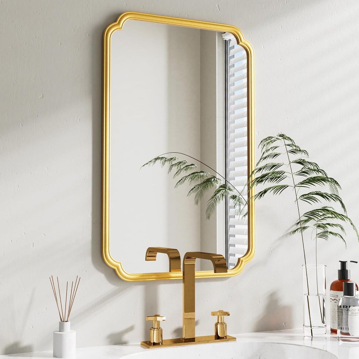 22x34 Inch Gold Bathroom Mirror, Metal Framed Wall Mirror with Rounded Edges, Rustproof Horizontal Vertical Hanging for Vanity Over Sink