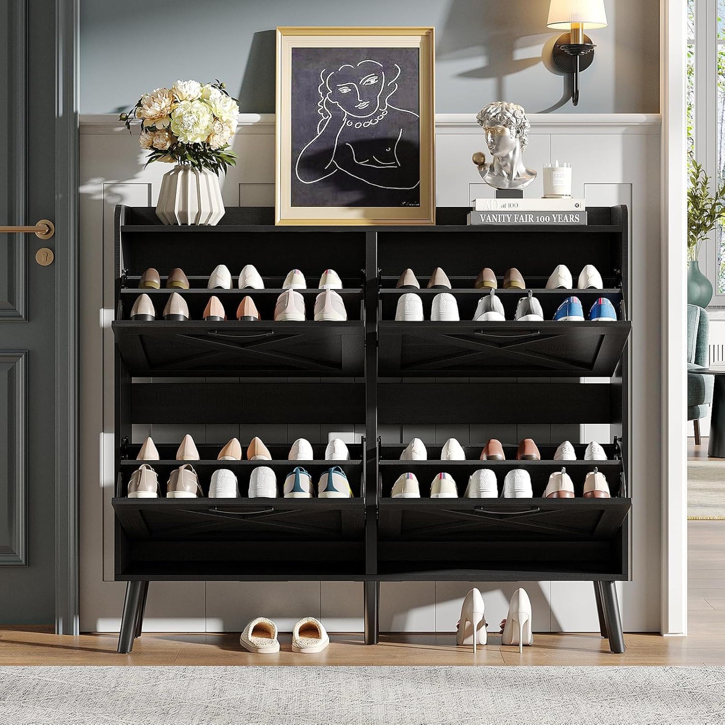 Maupvit Large Shoe Storage Cabinet with 4 Flip Drawers, Narrow Shoe Cabinet for Entryway with Wooden Legs, Freestanding Hidden Shoe Rack Organizer ＆ Metal Hinges, Black