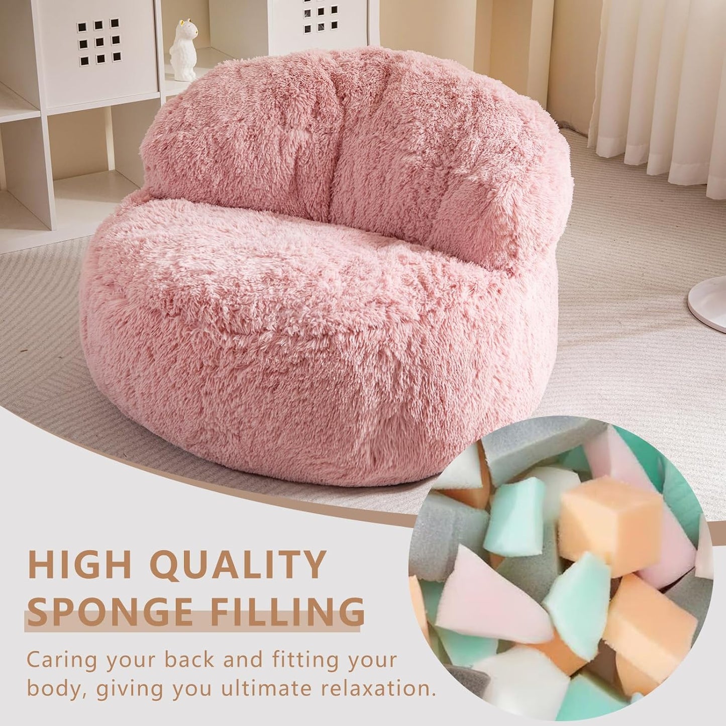 BYBYME Giant Bean Bag Chair, Faux Fur Bean Bag Couch with Filler Large Living Room Bean Bag Chairs for Adults, Big Lazy Sofa Accent Chair with Pocket Floor Chair