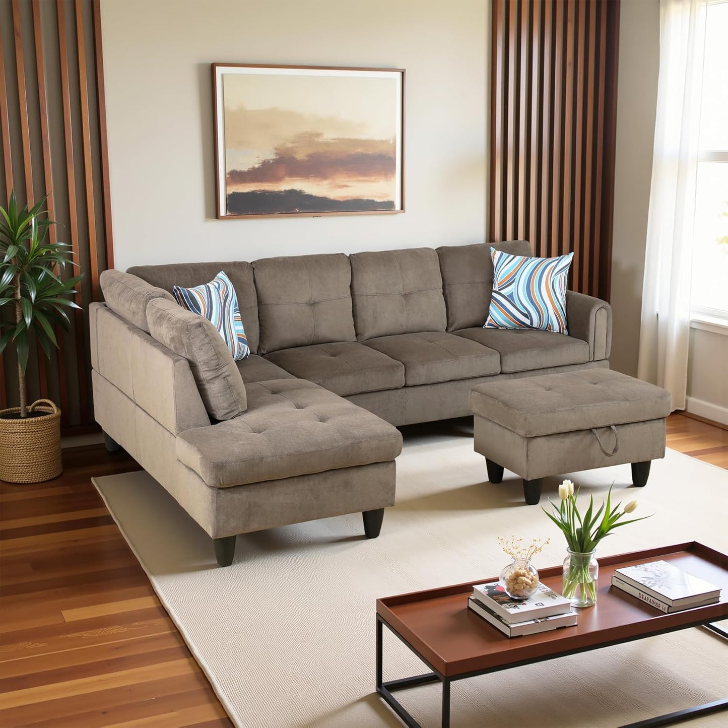 L Shaped Couch Modern Sectional Couch Upholstered Velvet Fabric 3 Pieces Sofas for Living Room with Chaise, Storage Ottoman for Office and Small Apartment, Brown Pineapple