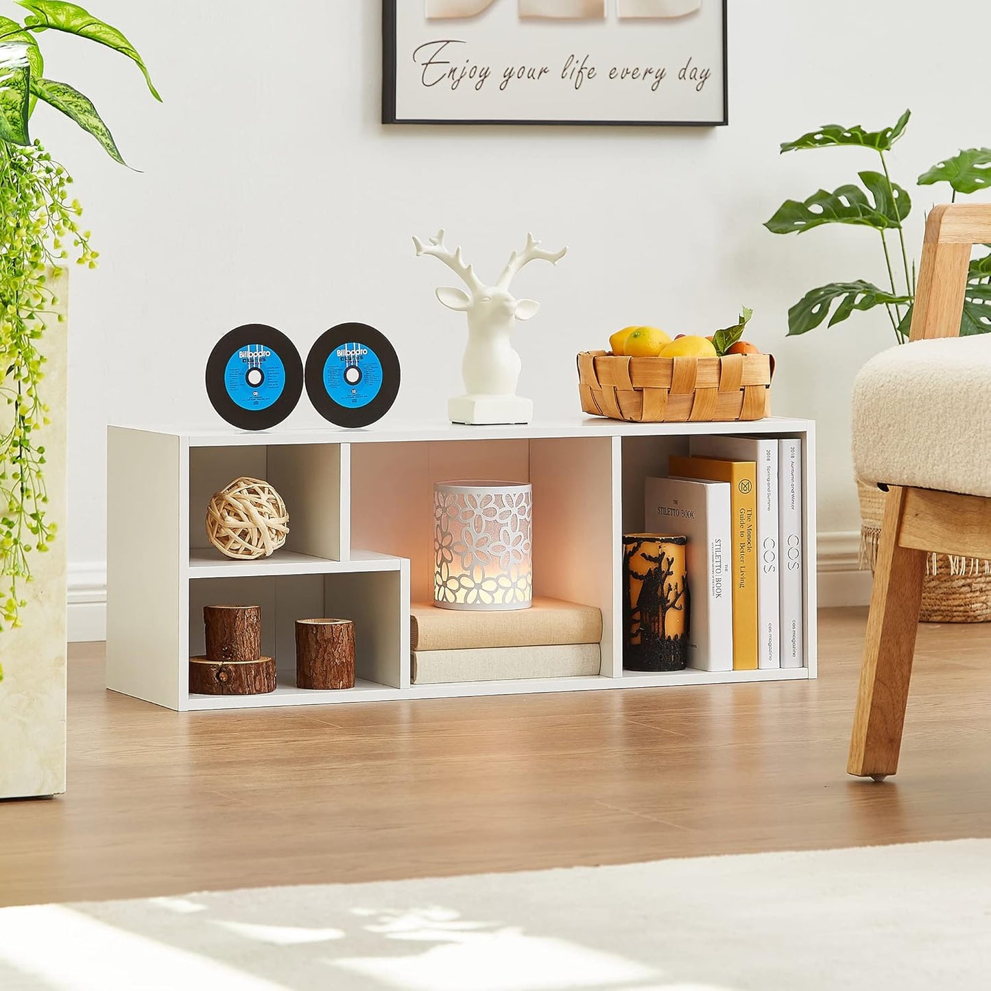 VECELO 3-Tier Small Bookcase, 4 Cube Bookshelf with Height Difference Shelves for Most Books, Modern Floor Standing Unit, Each Shelf Hold Up to 66 LBS for Living Room Bedroom, Pearl White