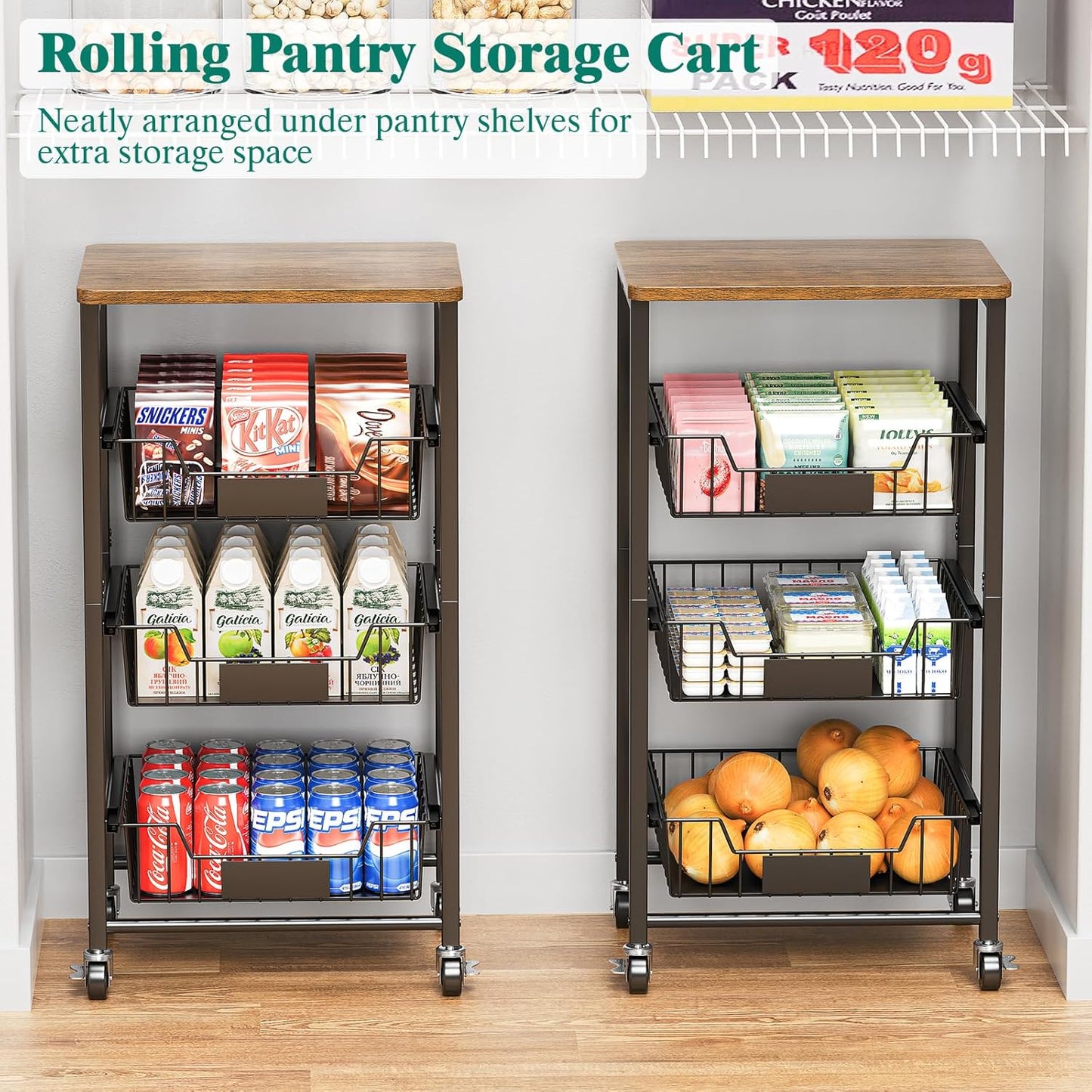 Kitchen Storage Cart with Wheels, 4-Tier Metal Utility Rolling Cart Fruit Vegetable Storage Basket Pantry Rack with Wood Top & Pull Out Baskets for Kitchen, Livingroom, Diningroom, Office